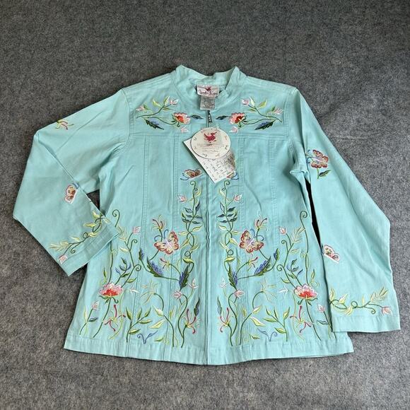 Quacker Factory Jacket Embroidered Floral With Butterfly's Full Zip Medium Twill - Picture 1 of 8